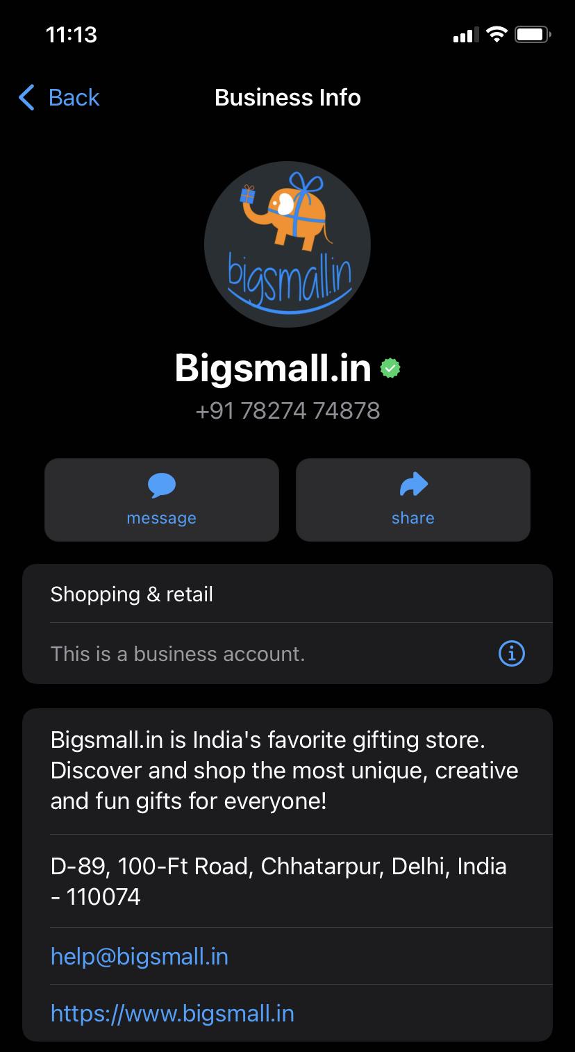 Bigsmall.in WhatsApp Business profile