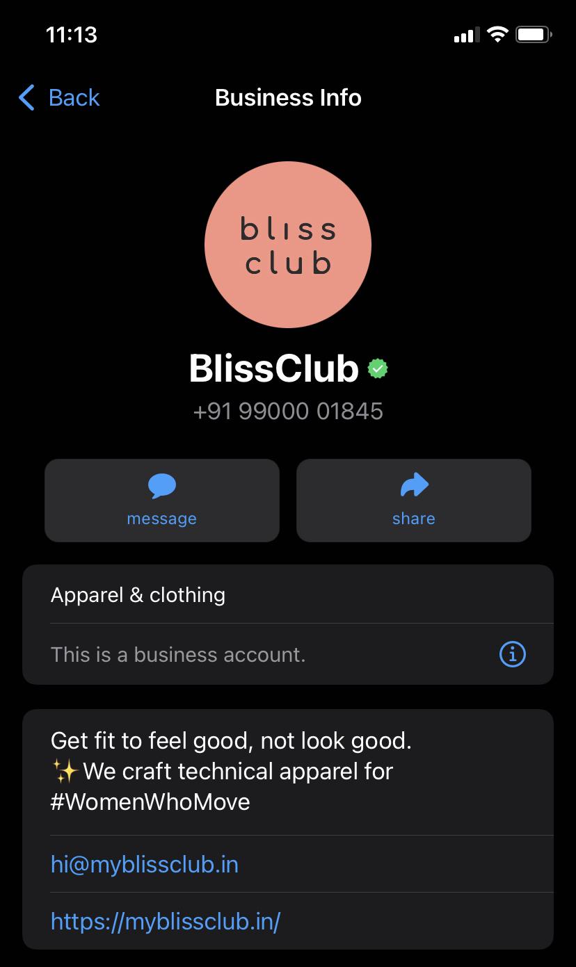 Blissclub WhatsApp Business profile