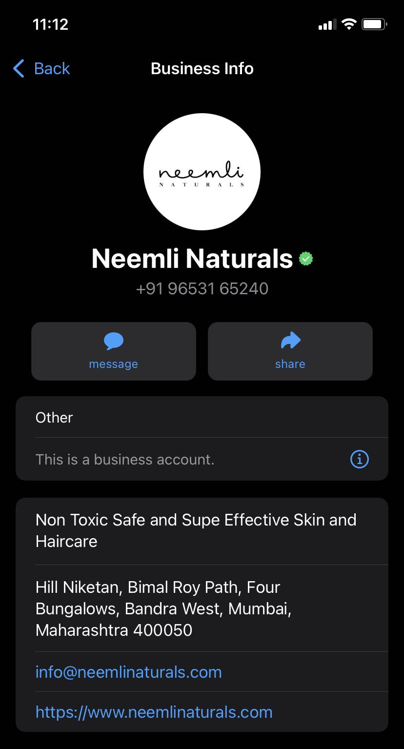 Neemli naturals WhatsApp Business profile