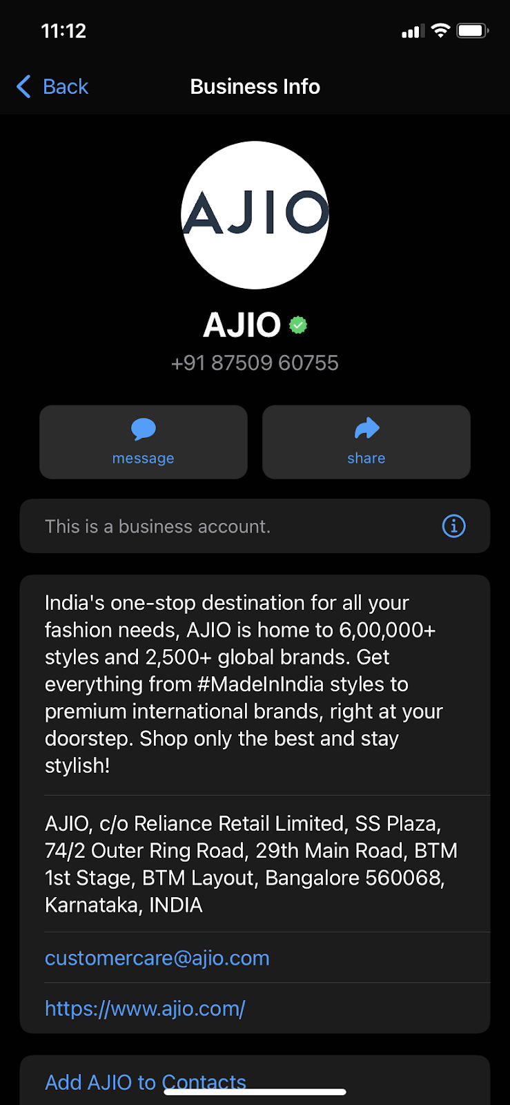 Ajio WhatsApp Business profile