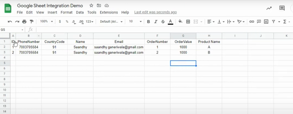 create a Google sheet with these mandatory columns