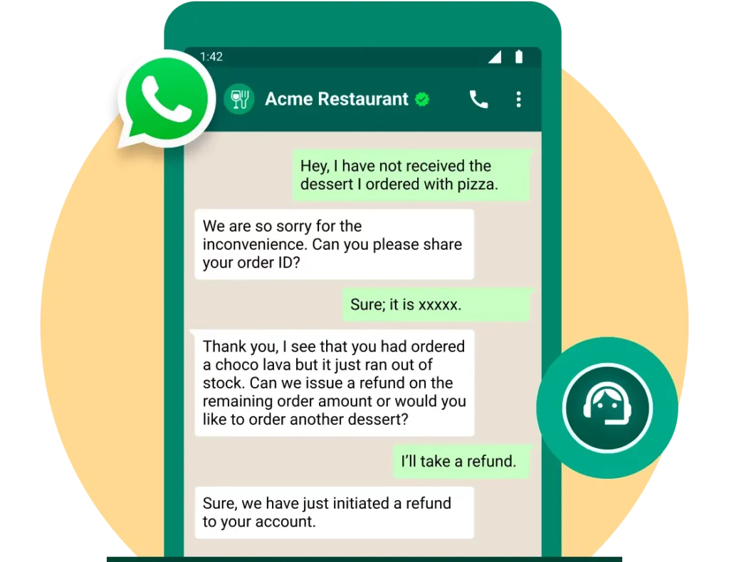WhatsApp business for restaurants food businesses with Acme Restaurant and Interakt WhatsApp business chat