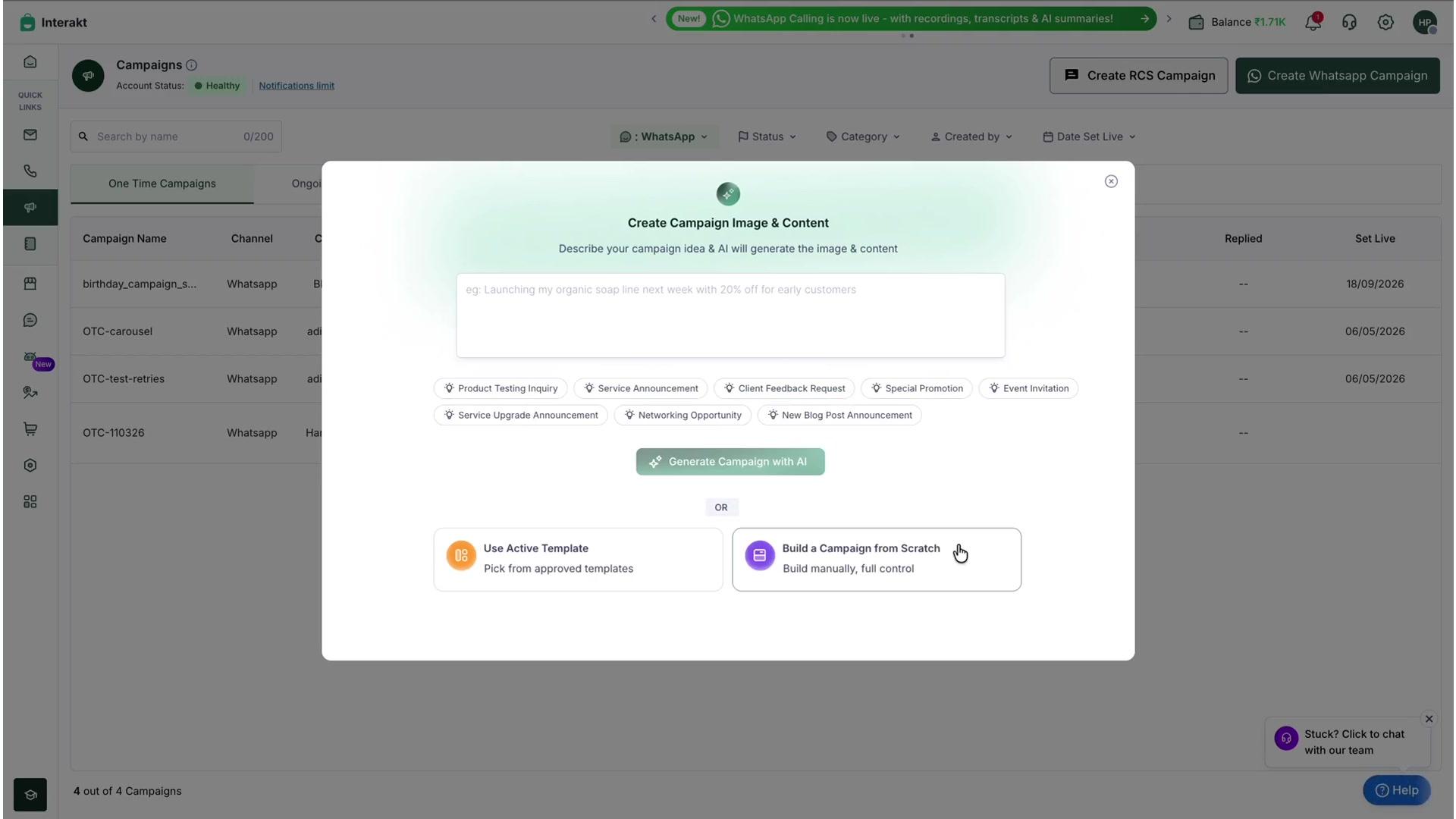 Figure 1: Create Campaign Image & Content pop-up — choose "Build a Campaign from Scratch".