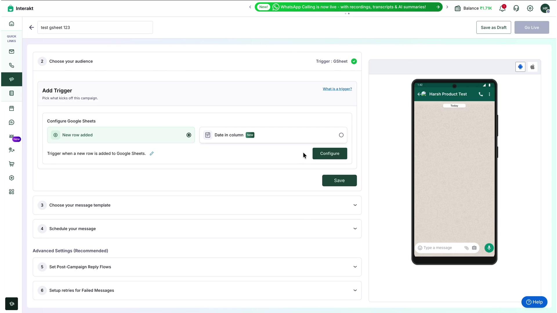 Figure 11: The Google Sheet trigger saved and confirmed against "Choose your audience".