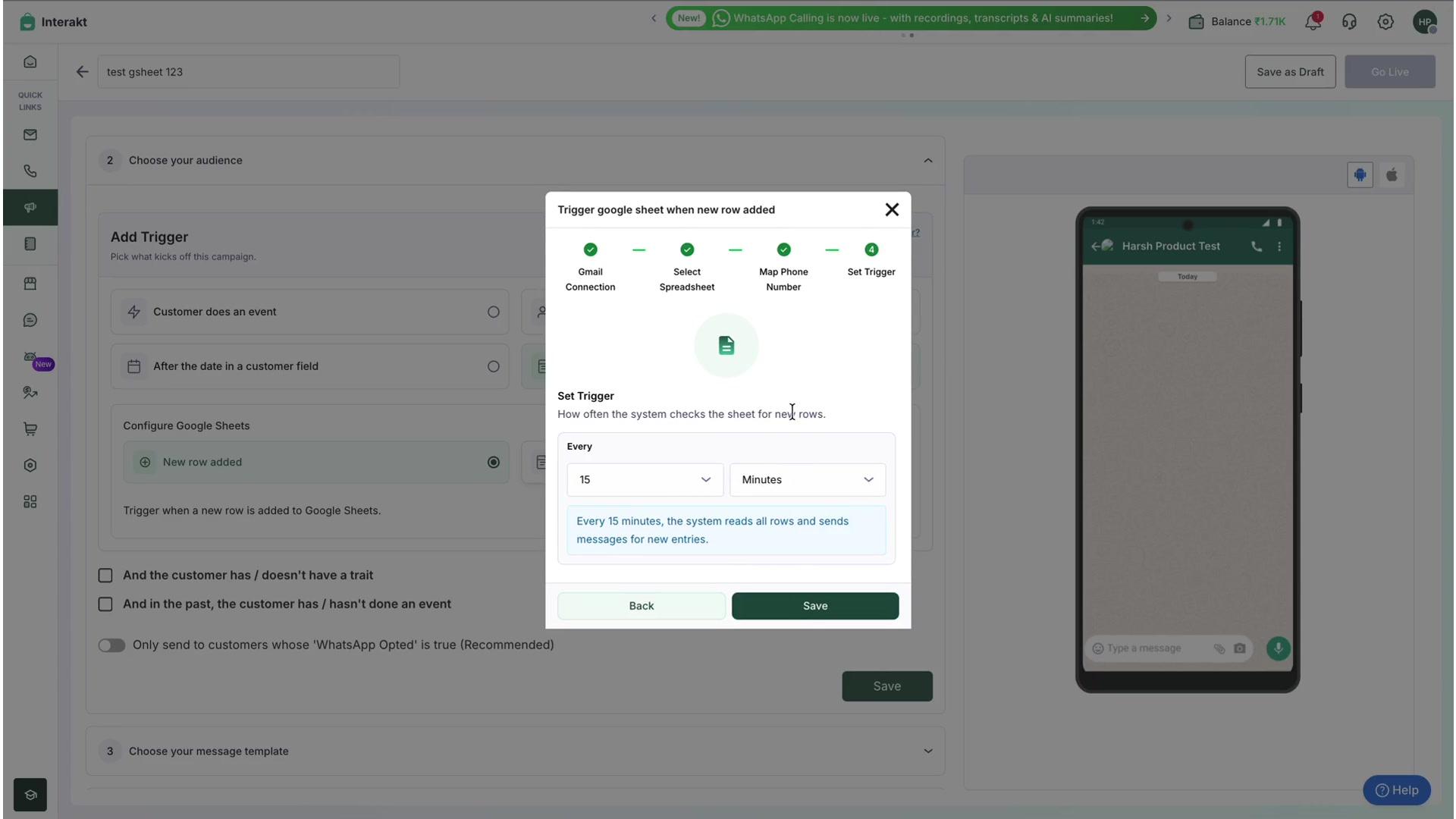 Figure 10: Setting the polling frequency for the "New row added" trigger.