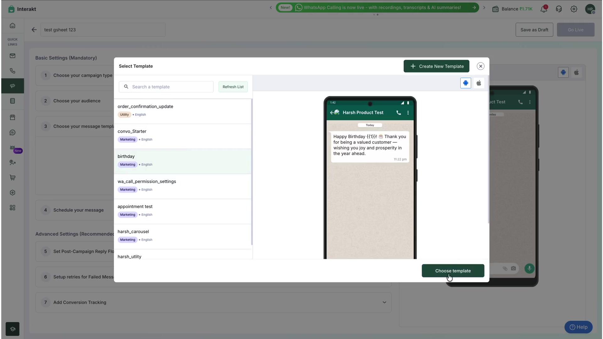 Figure 16: Selecting an approved WhatsApp template from the library.