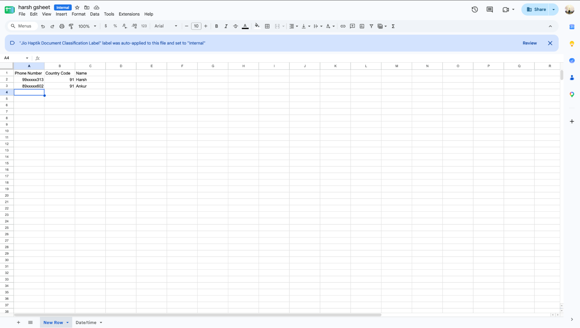 Figure 7: Example sheet layout — Phone Number, Country Code, Name, and an Appointment Date column.