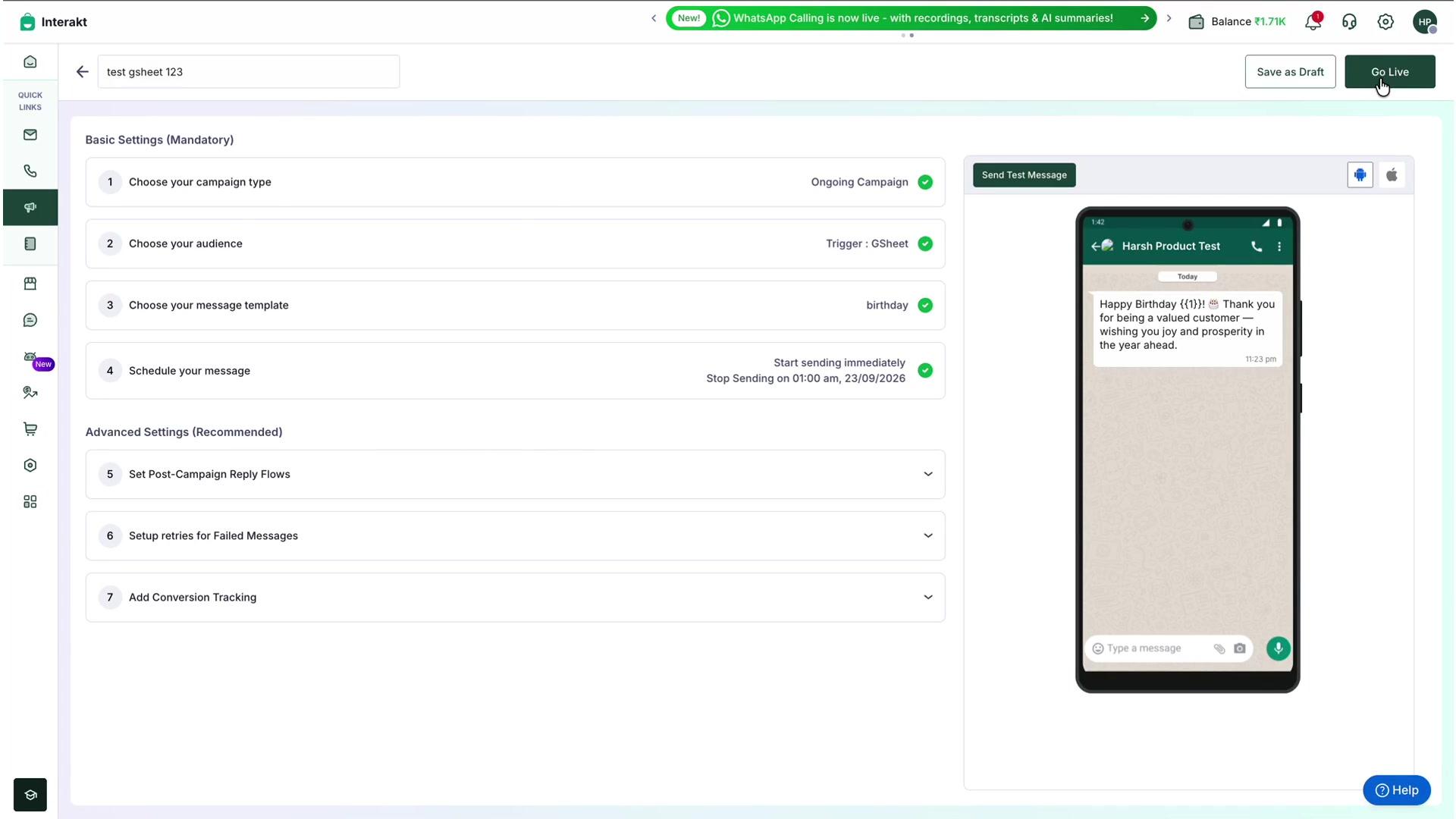 Figure 20: All mandatory sections completed and ready to go live.