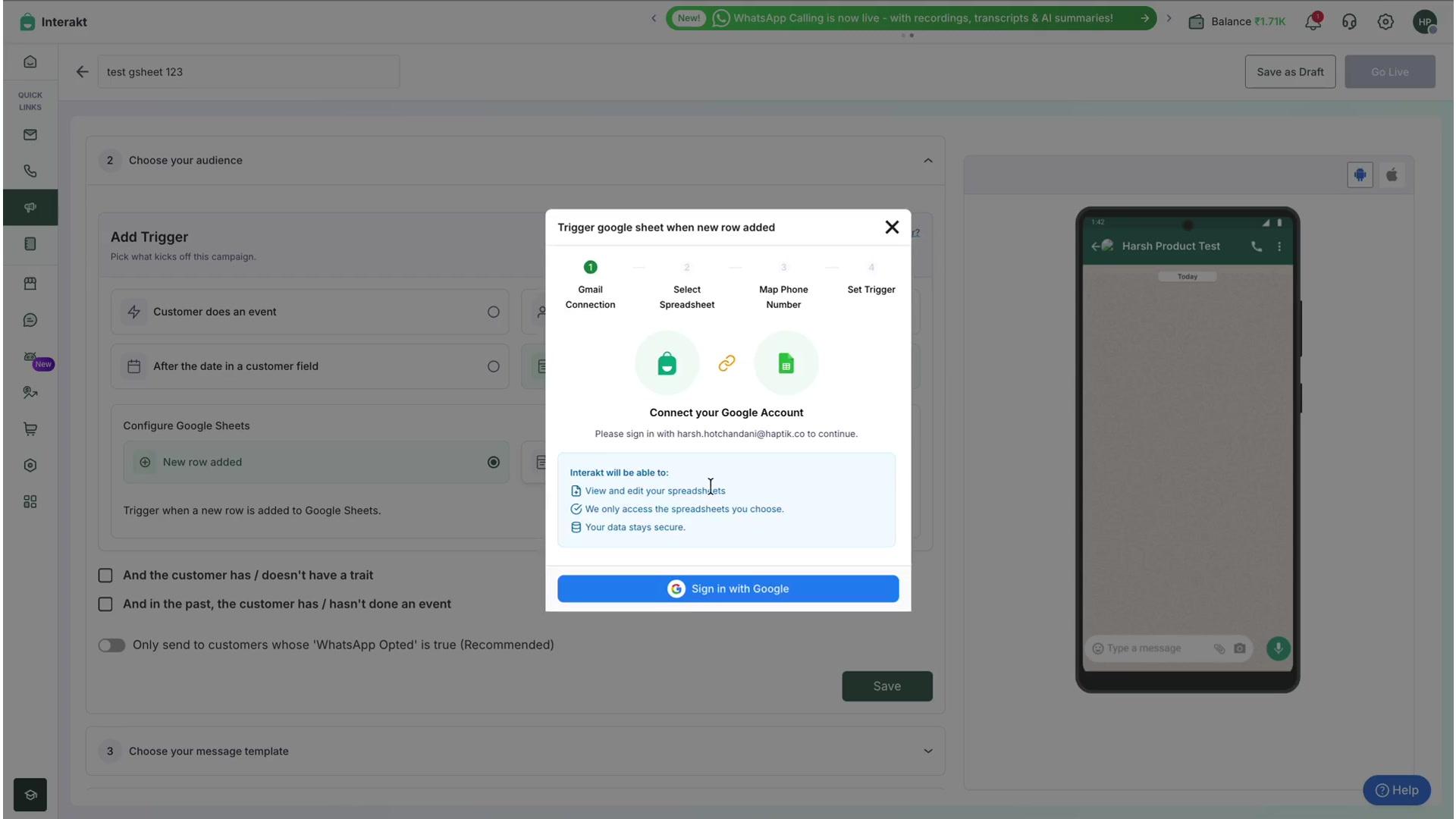 Figure 5: Step 1 of the wizard — connecting your Google account.