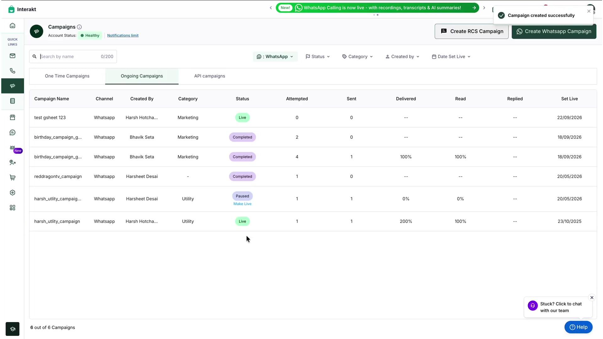 Figure 21: The campaign live under Ongoing Campaigns, ready to trigger from the connected sheet.